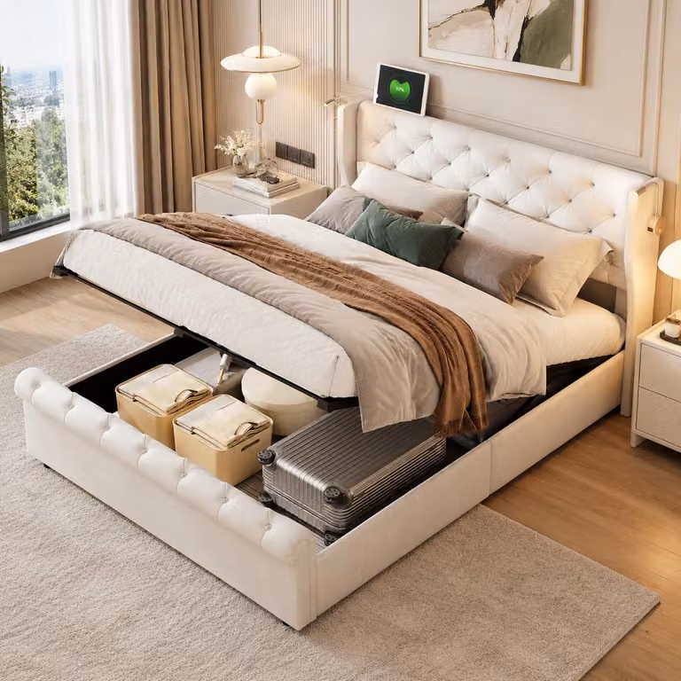 Letto idraulico INONEFT, 140 x 190 cm, letto imbottito con testiera reclinabile e spazio contenitore, letto per adulti con LED e USB, in velluto, color beige