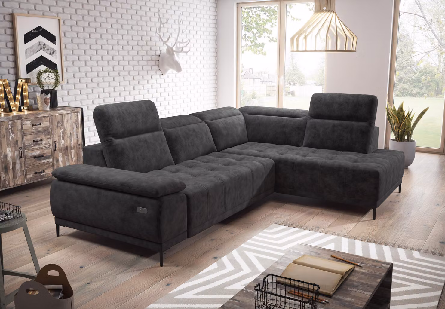 Divano angolare automatico, divano, divano letto, design moderno, rivestito in tessuto, forma a L