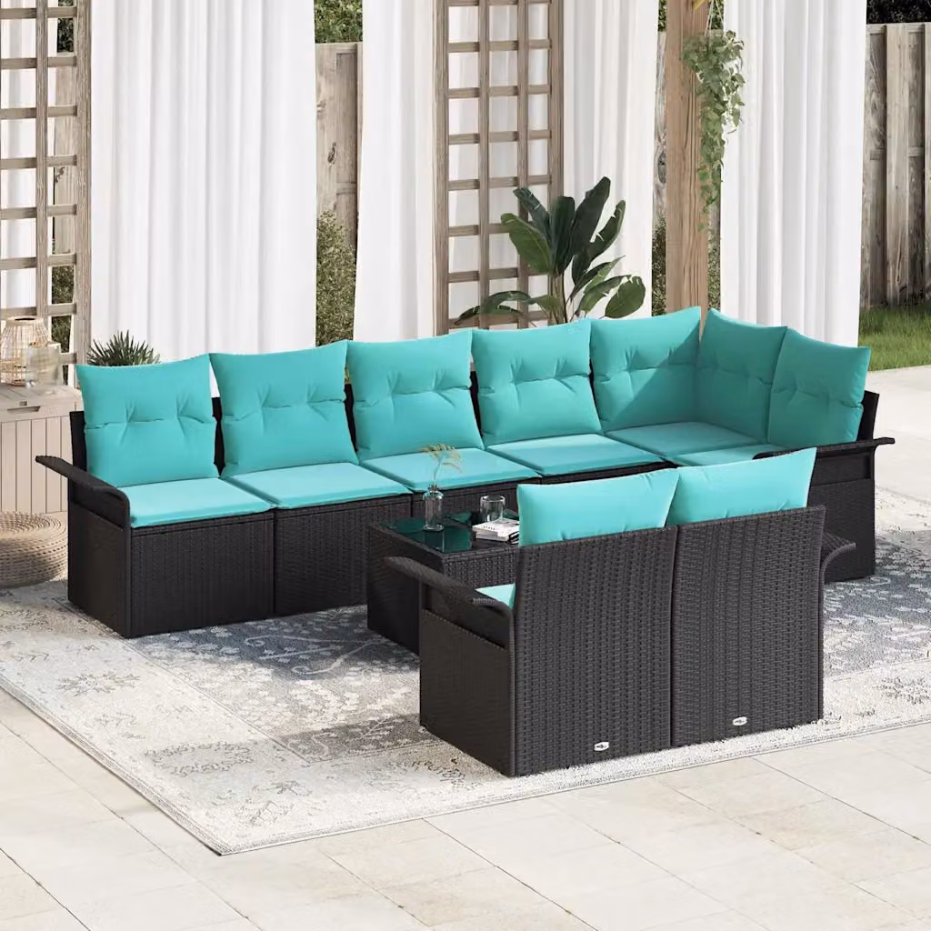 Set Divano da Giardino vidaXL a forma a U composto da 9 pezzi con tavolino da caffè, struttura in metallo e cuscini inclusi, colore nero, blu o turchese