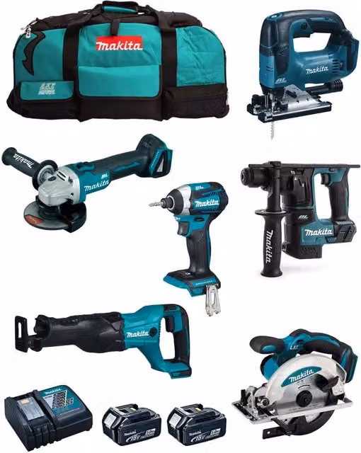 Makita Kit MK602 con Perforatore, Smerigliatrice, Avvitatore, Seghetto, Batteria 5,0 Ah e Caricatore LXT 18V