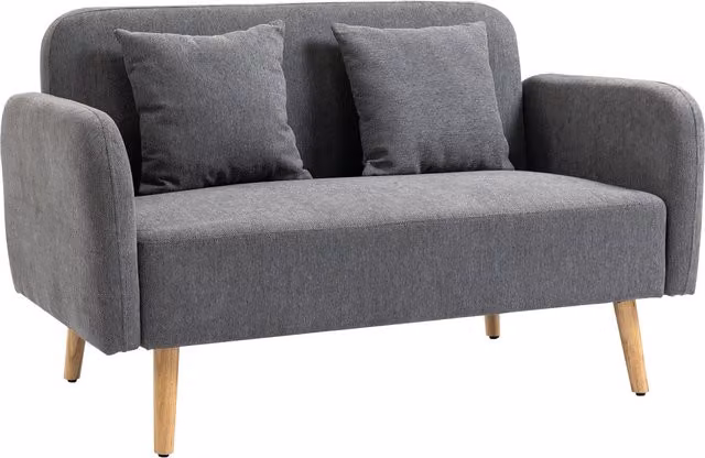Divano due posti HOMCOM moderno in velluto grigio e legno naturale con cuscini, L: 130 cm, P: 70 cm, H: 80 cm