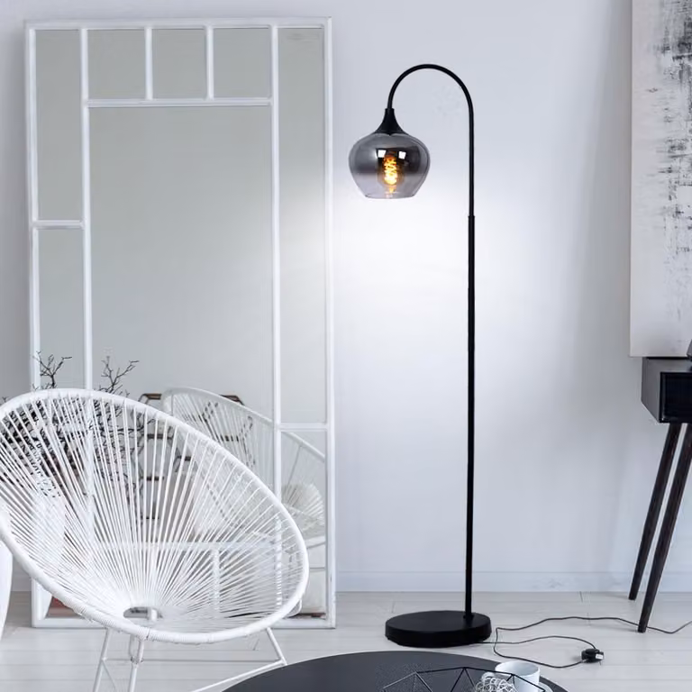 Lampada da terra, ad arco, vetro fumé, nera, altezza 150 cm