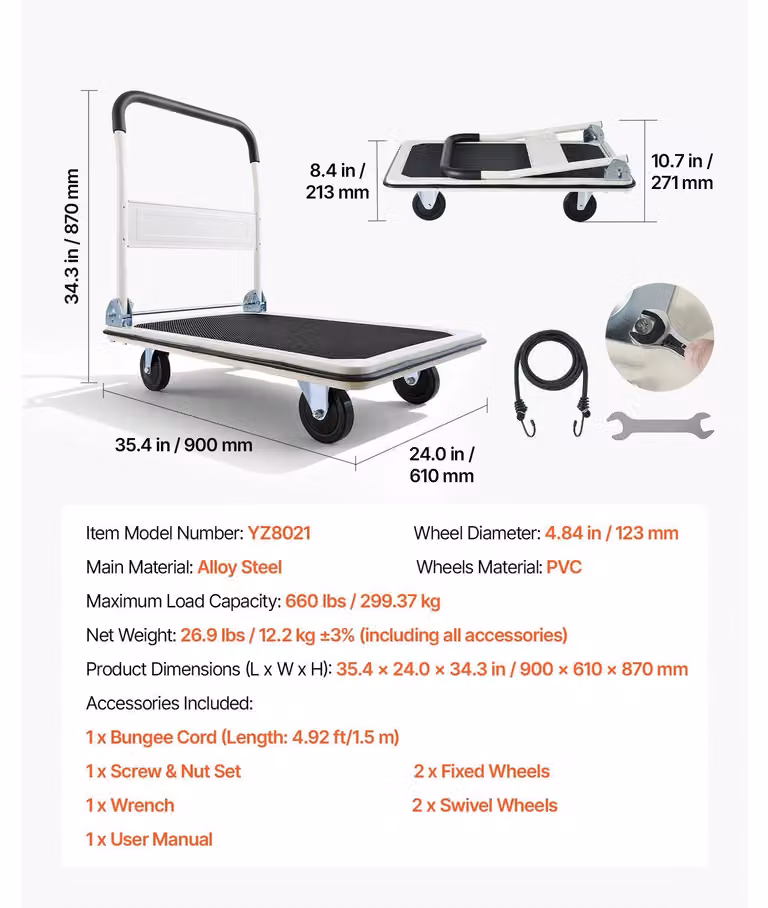 Carrello di trasporto "Dolly", struttura robusta, design pieghevole, capacità di carico: 300 kg (660 lbs)