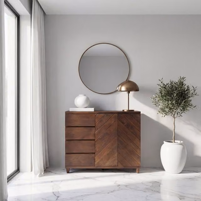 Credenza Irelia Banak in legno di mango marrone con design moderno e geometrico