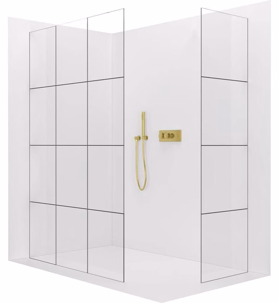 CERANO - Box doccia Walk-in Crystal T L/P - 8 mm - sistema senza montanti - dorato, vetro industriale - 130x110x200 cm