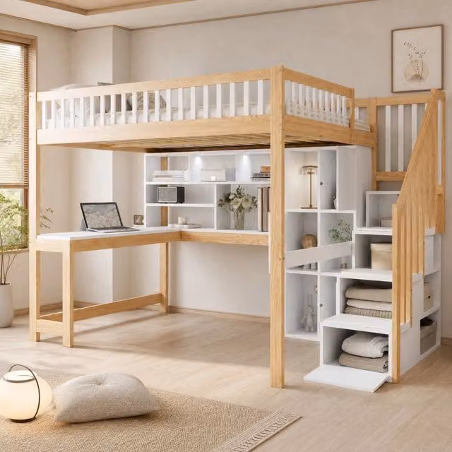 Letto a soppalco ULEVR 140x200 cm con LED, scala contenitore, scrivania e ripiani, bianco e naturale