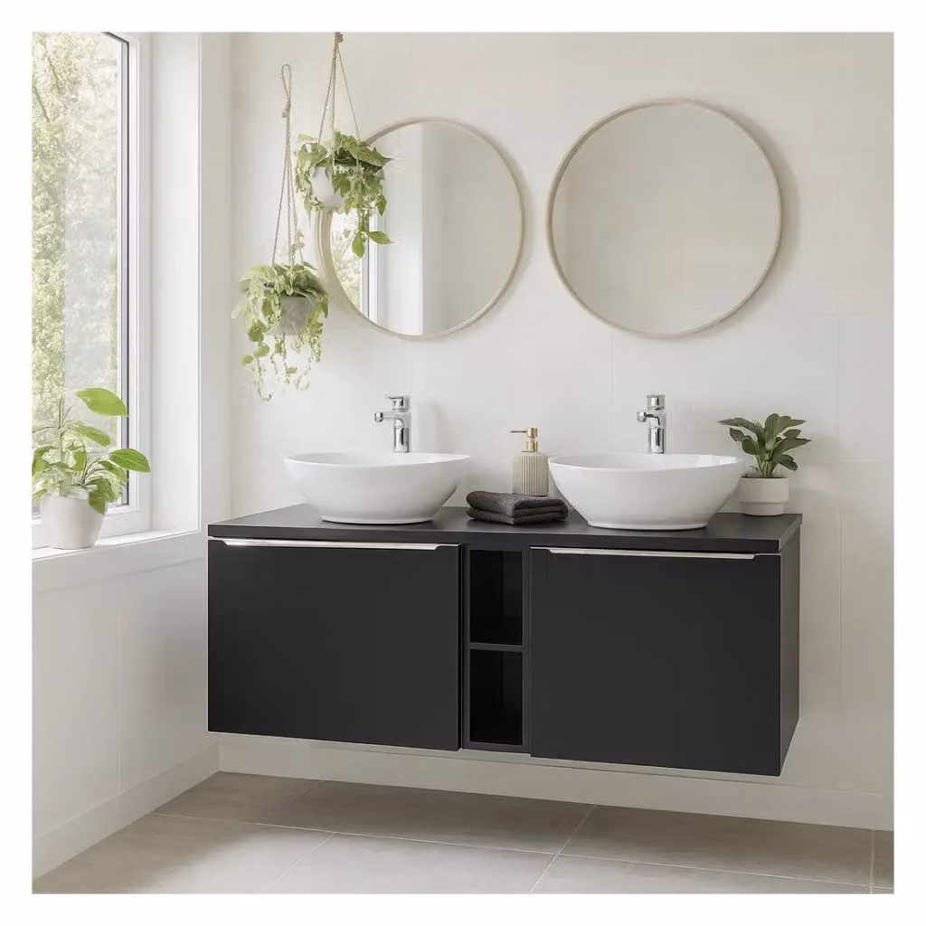 Set bagno VANTA Meublorama con mobile sottolavabo sospeso, piano e 2 lavabi da appoggio bianchi, L: 140 cm, P: 46 cm, H: 63 cm – 2