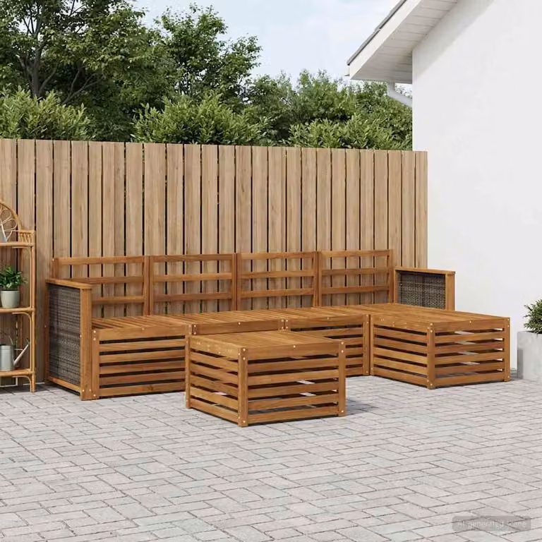 Set di divani da esterno vidaXL a forma di L in legno di acacia con tavolino e pouf, 6 pezzi, marrone e beige