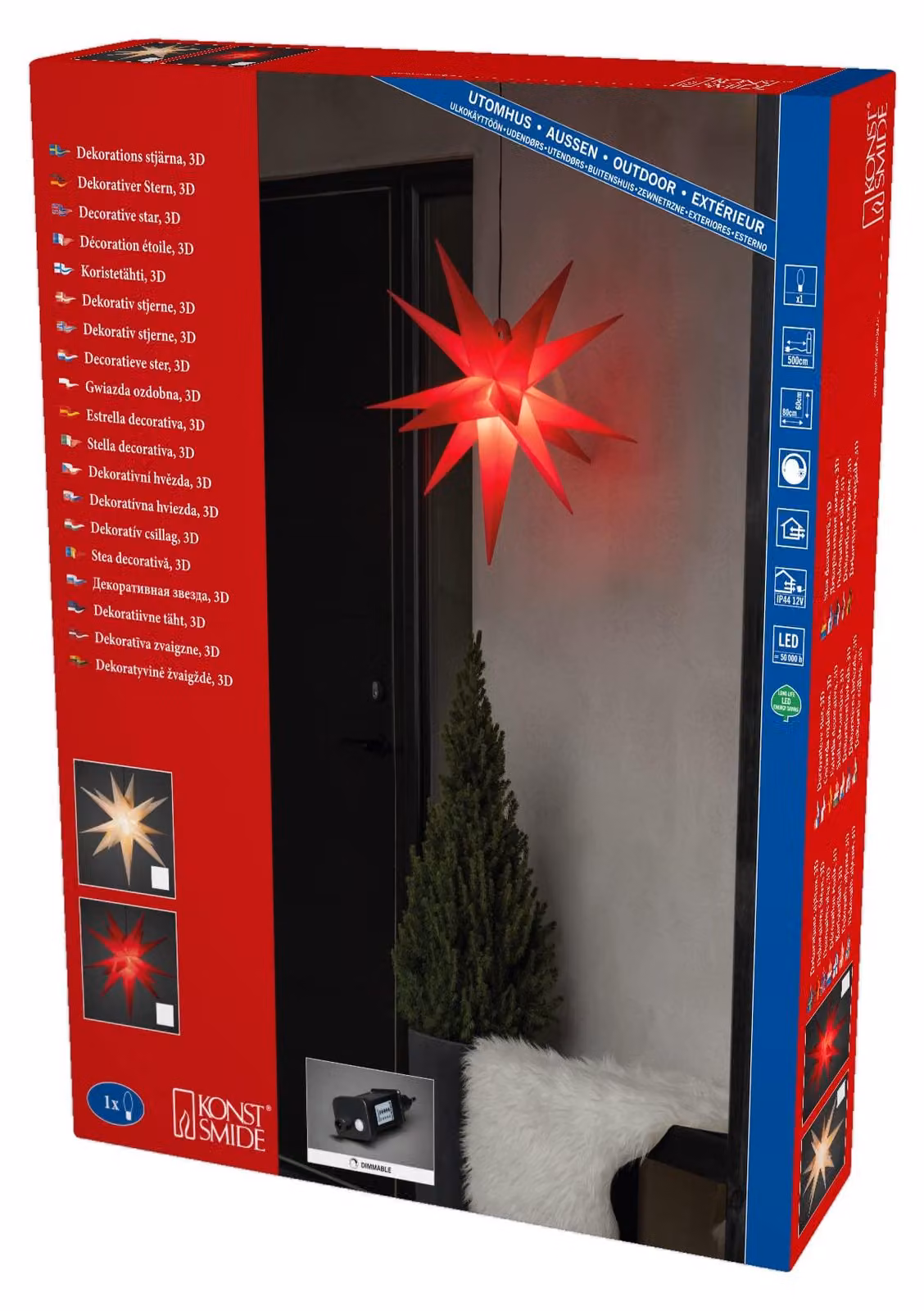 Stella in plastica tridimensionale, con luci LED bianco caldo, 3W, grado di protezione IP44, cavo da 5 metri, per uso esterno