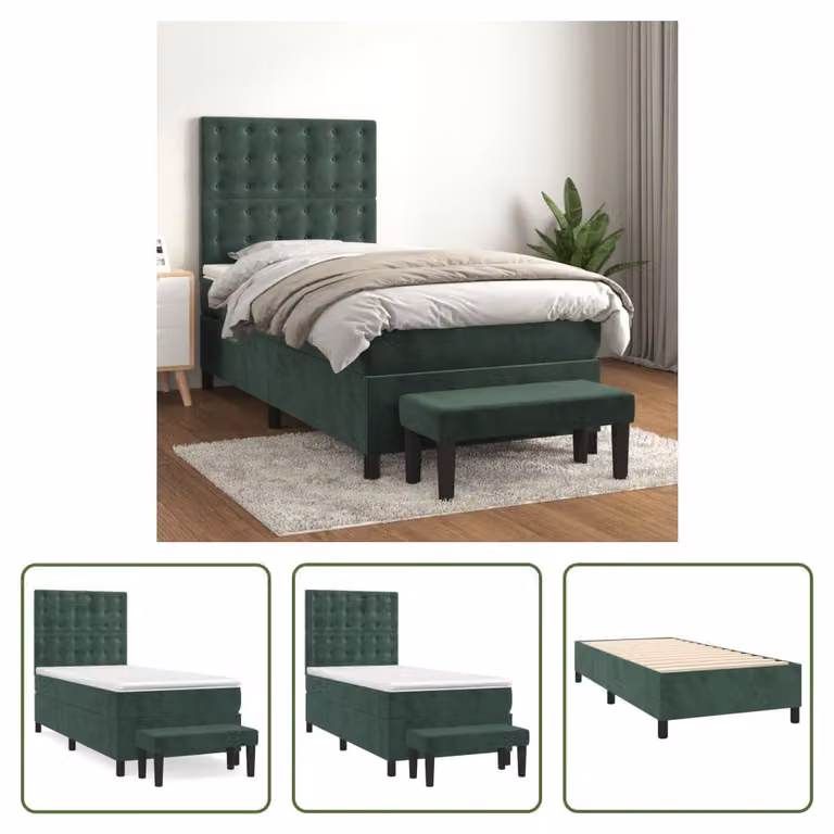 The Living Store Letto a molle con materasso verde scuro 90x190 cm in velluto