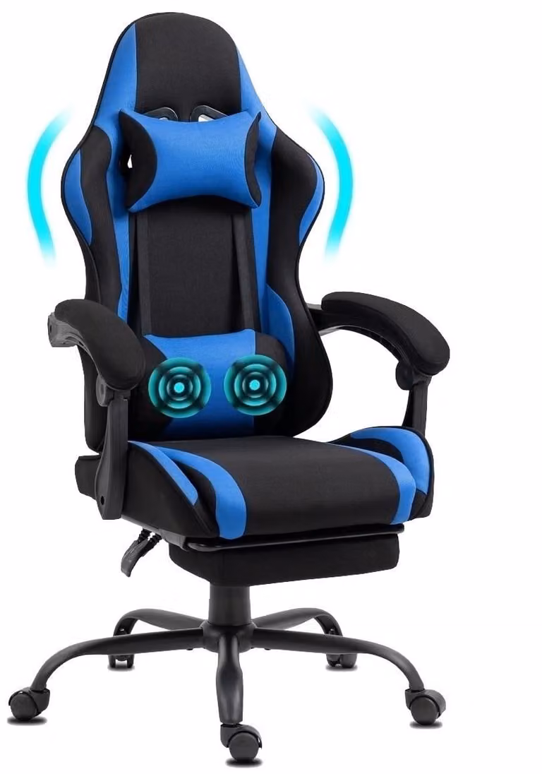 Delman Sedia da ufficio in tessuto Poltrona da gioco Poltrona da gioco ergonomica con poggiapiedi Poggiatesta Massaggio Cuscino lombare Sedia da gioco Girevole 02-0040 Blu