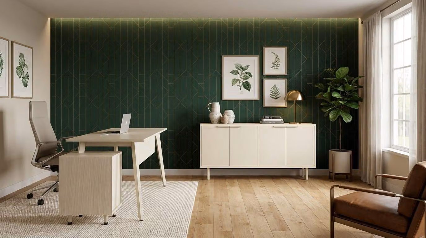 Arredamento da ufficio di design. Tavolo in legno pregiato. Comodino di design. Credenza di design