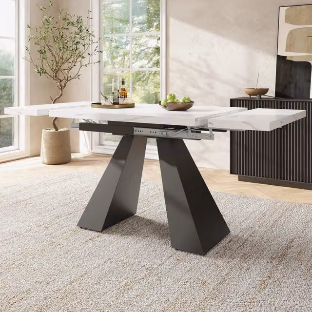 Tavolo da pranzo allungabile con piano scorrevole e gambe regolabili per cucina, bianco e nero, 99 × 74 × 77 cm