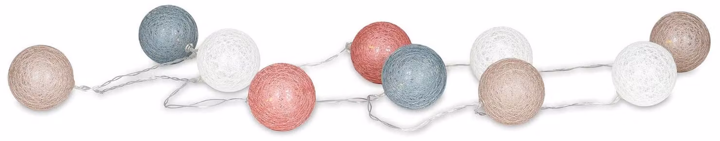Catena luminosa con 10 palline di cotone rosa, blu e bianche, lunghezza 2 metri