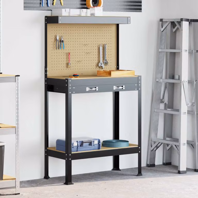 vidaXL Banco da lavoro con cassetto e pannello forato Nero L: 81 cm, P: 41 cm, H: 145 cm