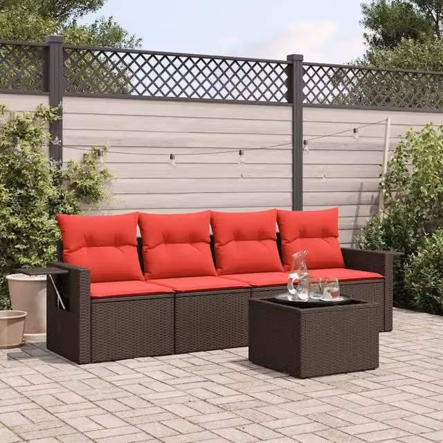 Set da giardino vidaXL composto da 5 pezzi in polyrattan marrone con cuscini e tavolino da caffè per esterno – 1
