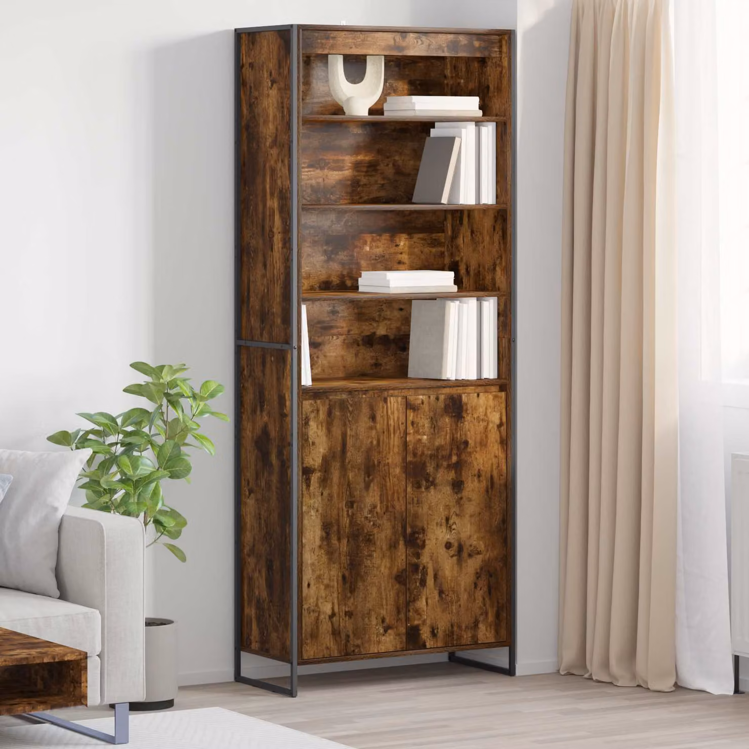Set di 2 armadi alti vidaXL in stile industriale in legno e metallo, colore quercia fumosa, con ante a battente e ripiani interni, L: 79 cm, P: 36 cm, H: 200 cm – 1
