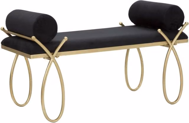 Panca Ribbon Vikasa Home in velluto nero con struttura oro e cuscini cilindrici L: 112,5 cm, P: 49 cm, H: 53 cm
