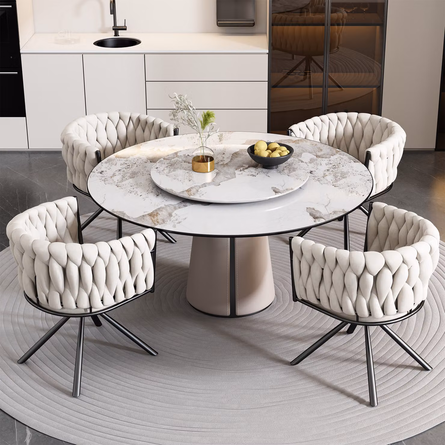 MODFU - Sedia da pranzo imbottita (set da 4), girevole a 360°, sedia da soggiorno con braccioli e gambe in acciaio, sedia da cucina, sedia da trucco, in velluto, color beige