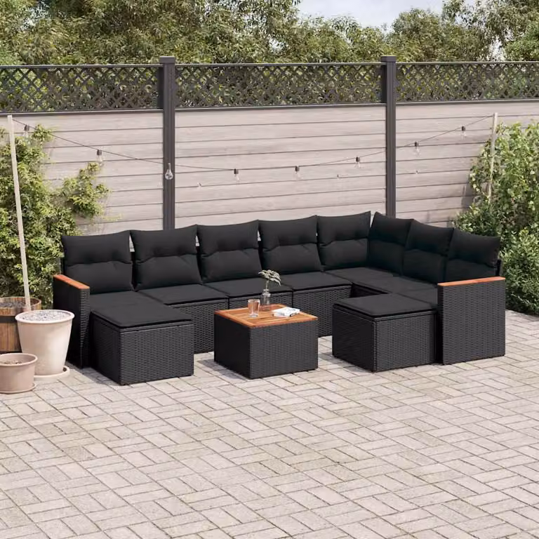 vidaXL Set Divani da Giardino 10pz in Polyrattan Nero con Cuscini e Tavolino da Esterno