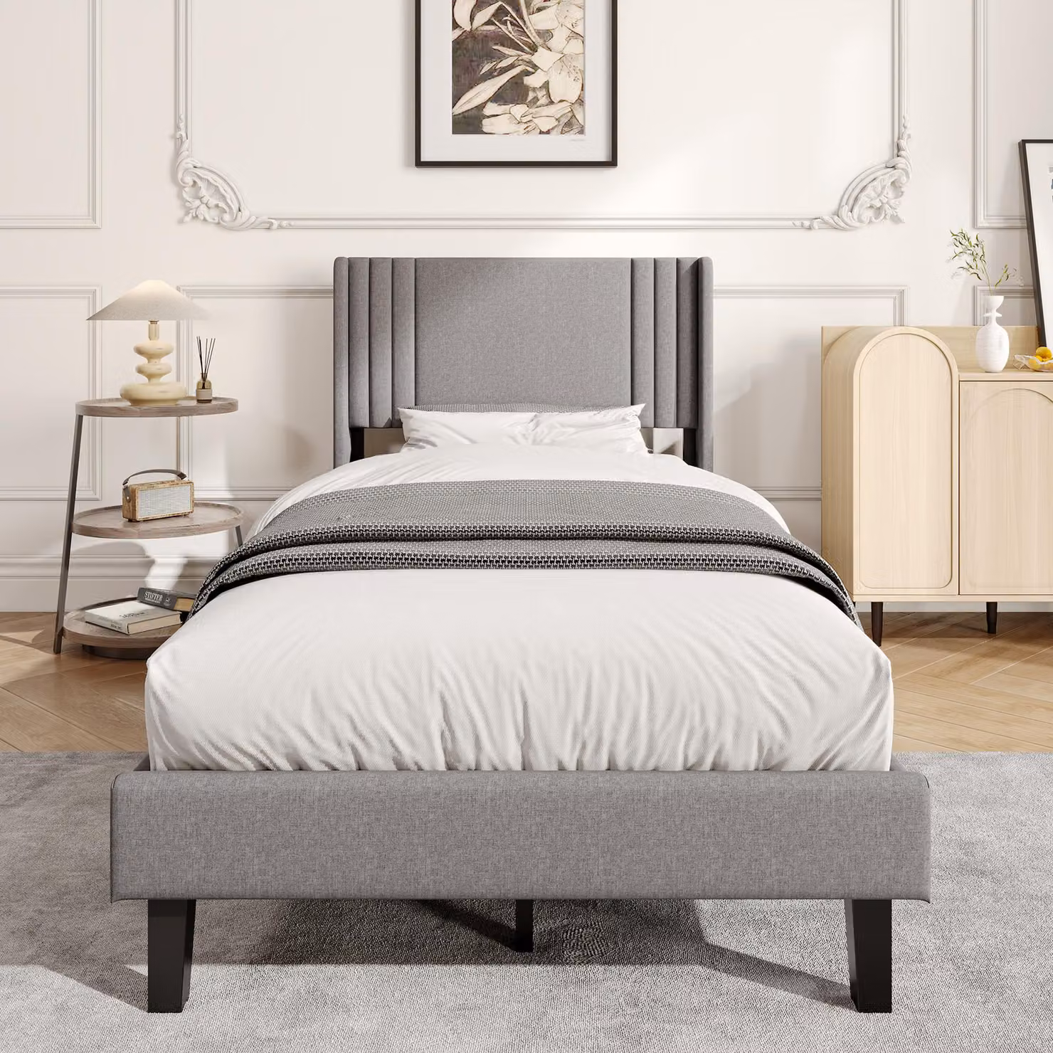 Letto imbottito UnboxG 90x200 cm in lino grigio, morbida testiera ad ali, robusto telaio in metallo con rete a doghe, ampio vano portaoggetti sotto il letto, letto moderno e confortevole per la camera da letto e la camera degli ospiti