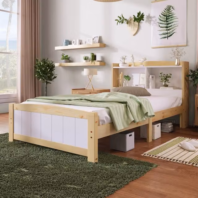Letto singolo 90 × 200 cm con rete a doghe testiera contenitore in legno e MDF bianco e naturale