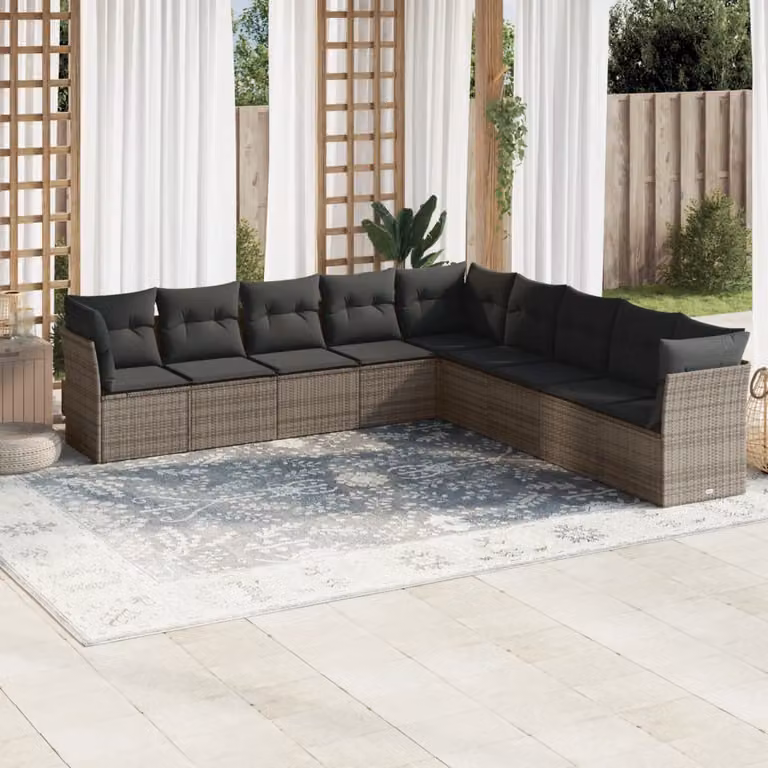 vidaXL Set Divano da Giardino a Forma di U in Polyrattan Grigio con 9 Cuscini e Struttura in Acciaio