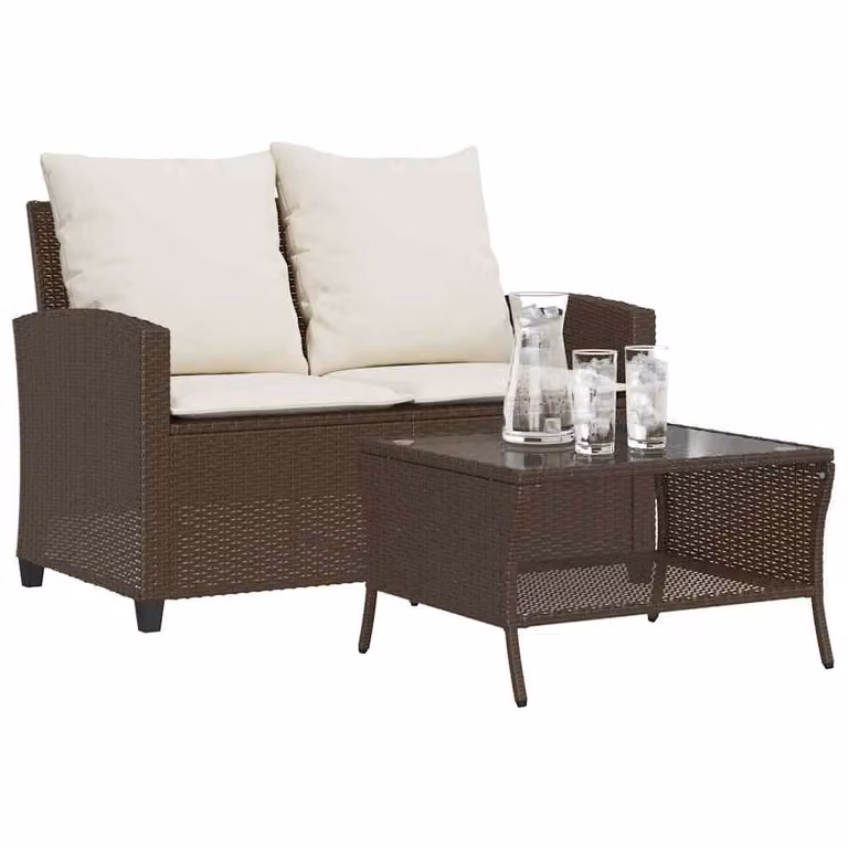 Set da giardino moderno vidaXL composto da divano a 2 posti con cuscini e tavolino da caffè, colore marrone e bianco