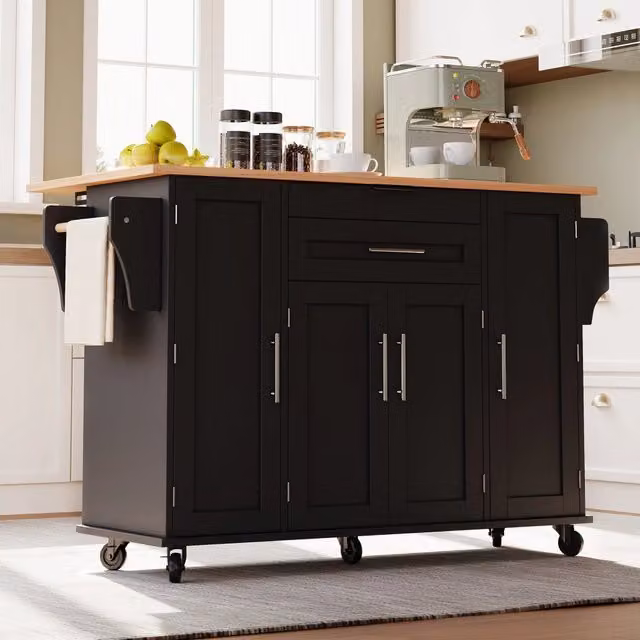 Carrello isola da cucina moderno REDOM in MDF, Nero e Beige, L: 136 cm, P: 70 cm, H: 92 cm – 1