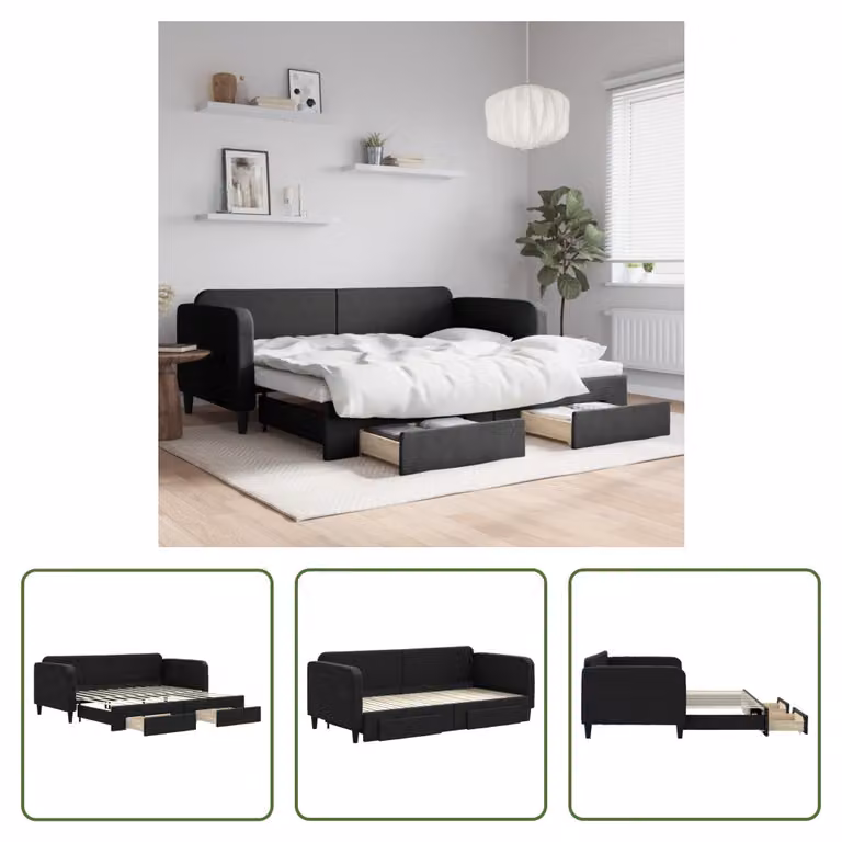 The Living Store Letto allungabile con cassetti nero 90x200 cm tessuto
