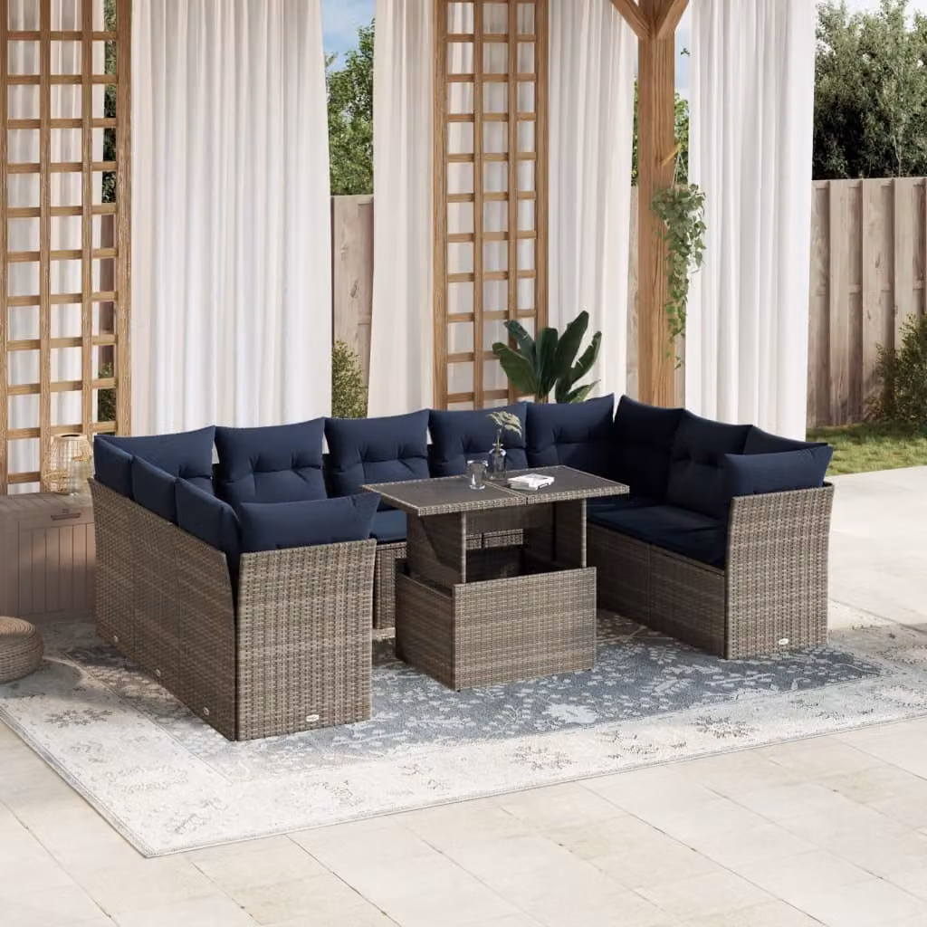 Set di divani da giardino vidaXL a forma di L composto da 10 pezzi con cuscini blu e grigi, tavolo da caffè e struttura in metallo e rattan resistente ai raggi UV