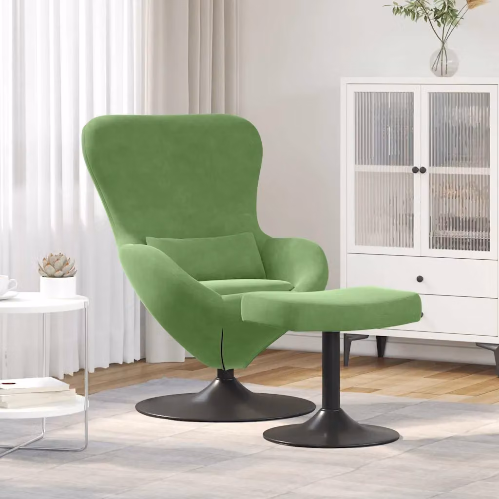 Sedia Egg con Pouf vidaXL in Velluto Verde con Struttura in Metallo e Rotazione a 360 Gradi