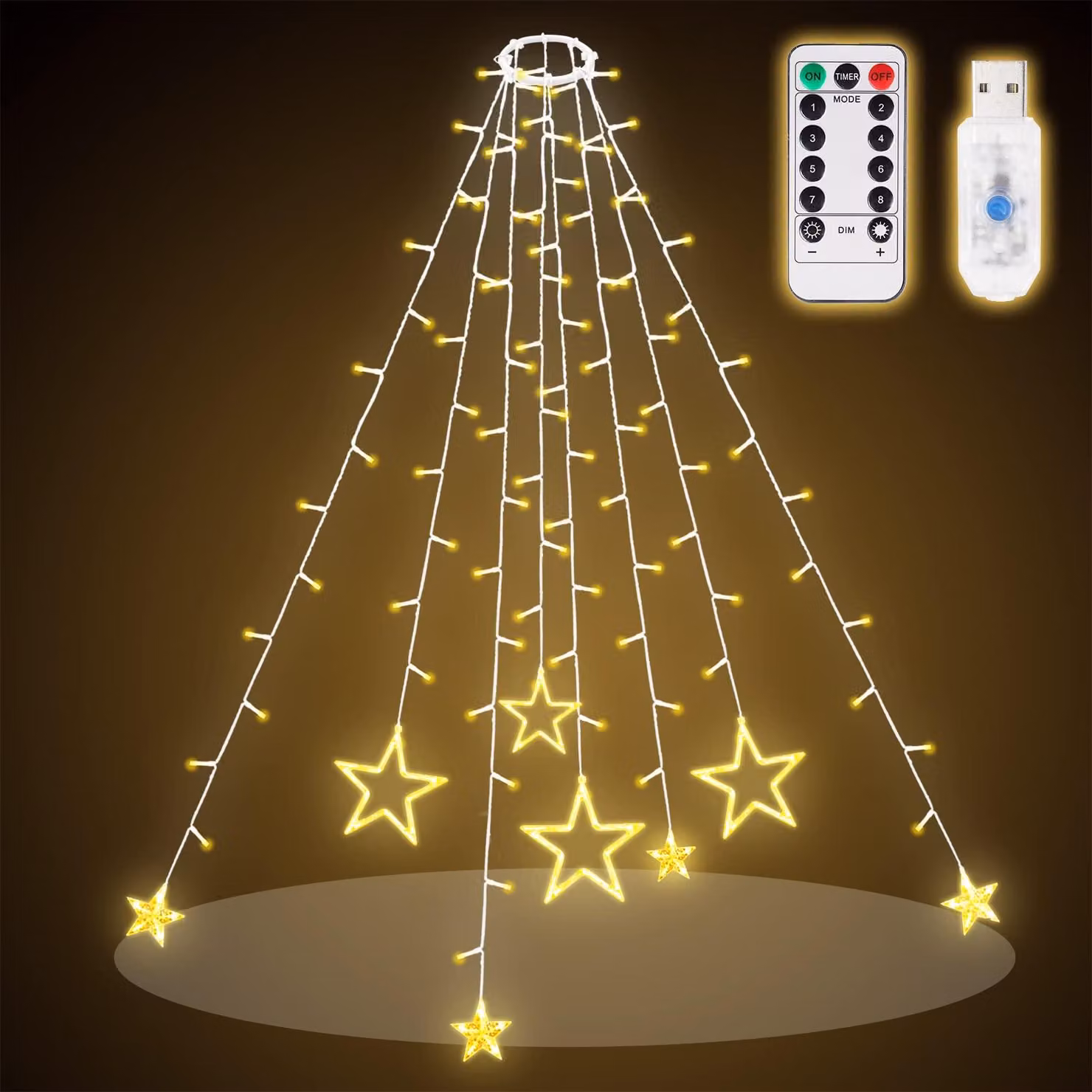 Catena luminosa a LED, 2 metri + 1,5 metri, luce bianco caldo, 188 LED, con telecomando, 9 modalità