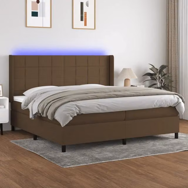 Letto matrimoniale con materasso a molle vidaXL in tessuto marrone e bianco con illuminazione LED e porta USB, L/P/H: 200 x 200 x 128 cm – 1