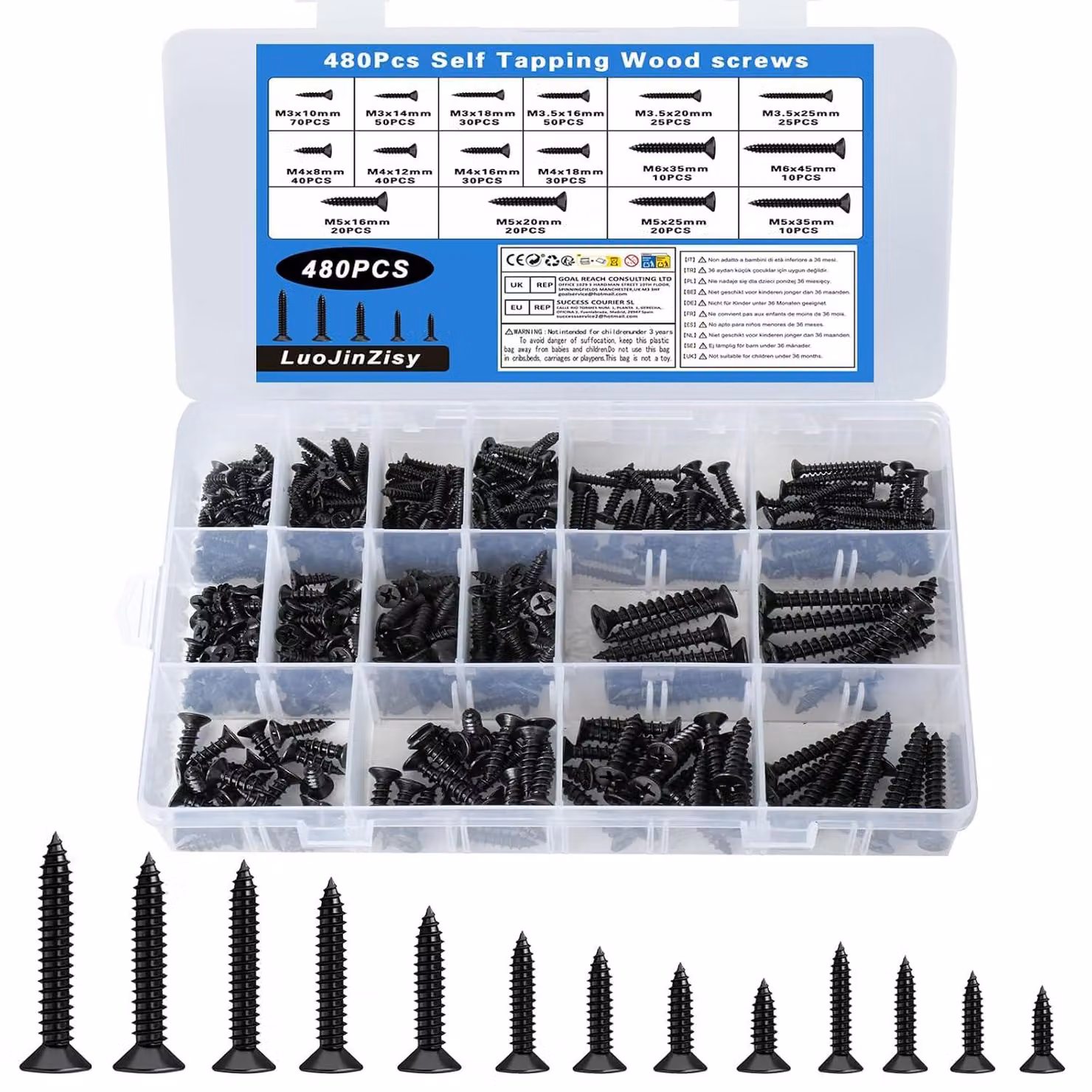 Set di viti autoperforanti, 480 pezzi, da M3 a M6, nere, per montaggio