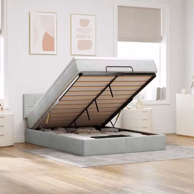 Letto con contenitore a sollevamento e materasso vidaXL in velluto grigio e bianco, L/P/H: 193 x 144 x 88 cm