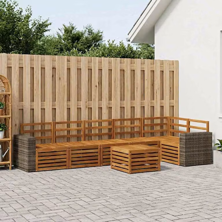 Set di divani da esterno vidaXL a forma di L composto da 7 pezzi in legno di acacia con cuscini bianchi e marroni e tavolino da caffè