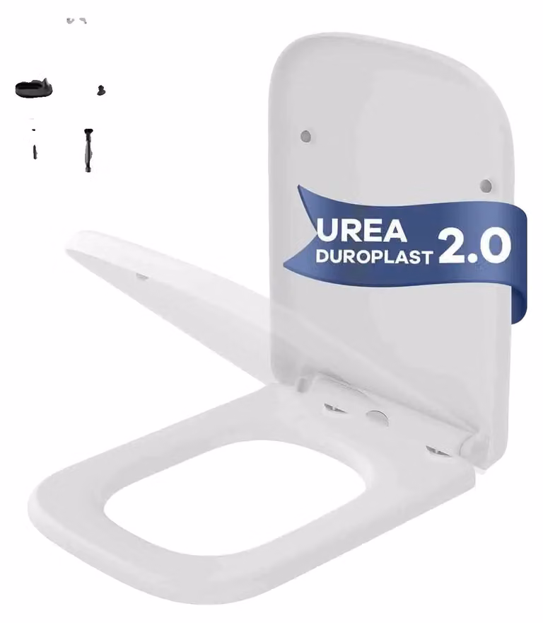 Sedile per WC, materiale Duroplast, portata massima 150 kg, compatibile con WC a forma di D, meccanismo di chiusura ammortizzata, installazione con sistema a scatto