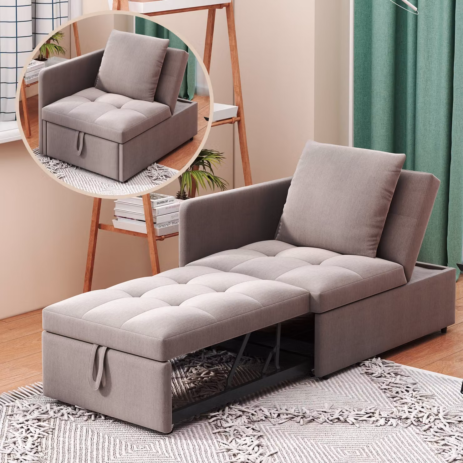 Abrihome divano letto 3 in 1 reclinabile con rivestimento in tessuto di lino, 177x 68 x 65 cm, divano letto con schienale regolabile, grigio