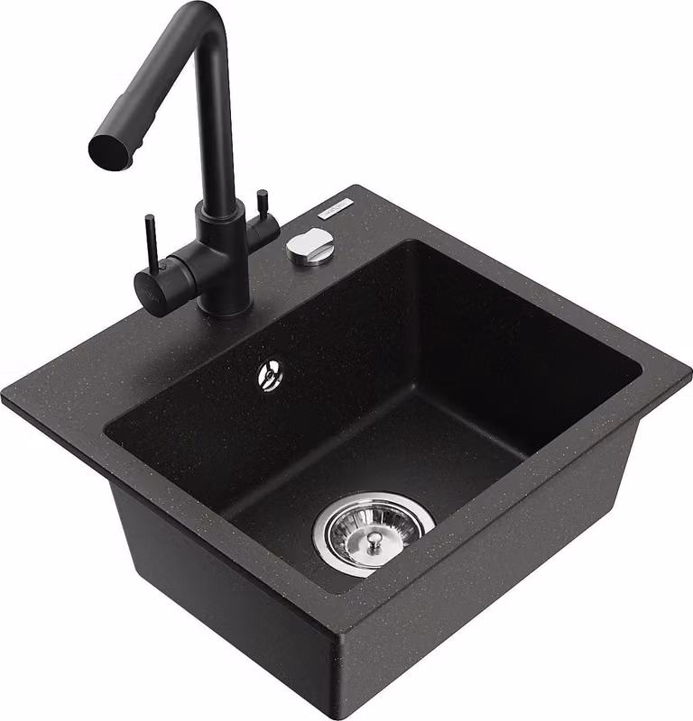 Mexen Milo lavello in granito a 1 vasca con rubinetto da cucina Duero, nero/oro metallizzato - 6505-75-671600-70