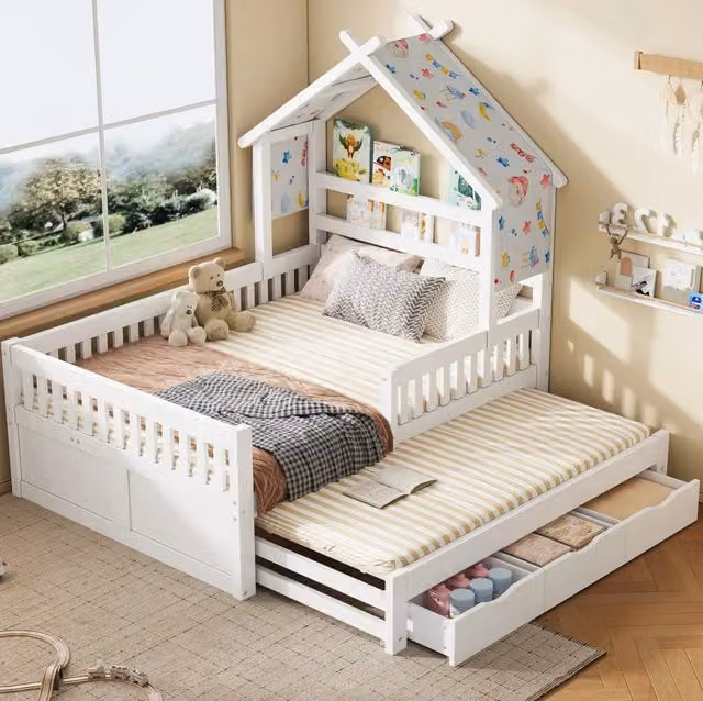 Letto a casetta 140x200 cm con letto estraibile; 3 cassetti e sponde di sicurezza; bianco