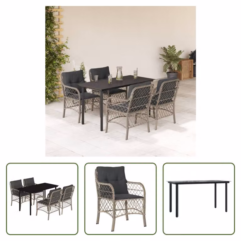 The Living Store Set da pranzo da giardino 5 pezzi con cuscini in rattan grigio chiaro