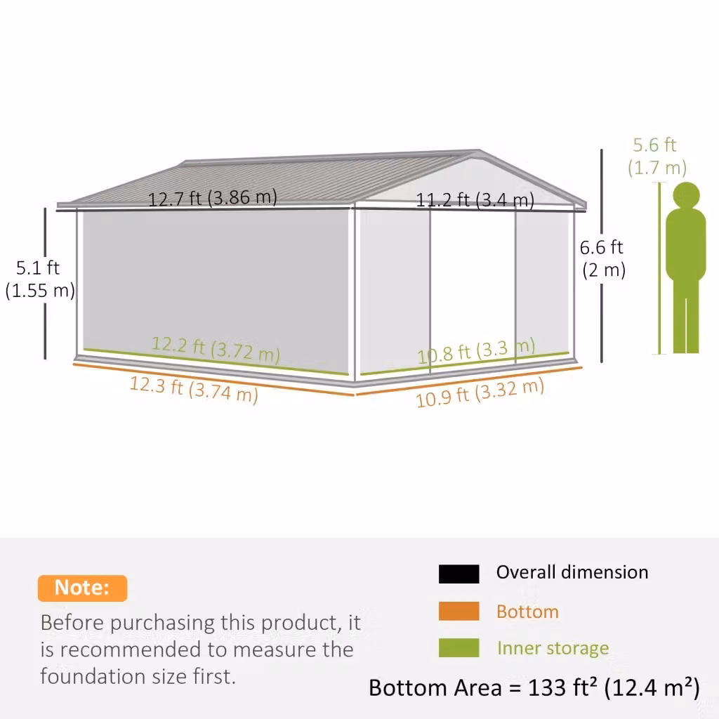 Casetta da giardino WISHDOR in acciaio zincato con fondazione e porte scorrevoli, grigio, L: 340 cm, P: 386 cm, H: 200 cm – 2