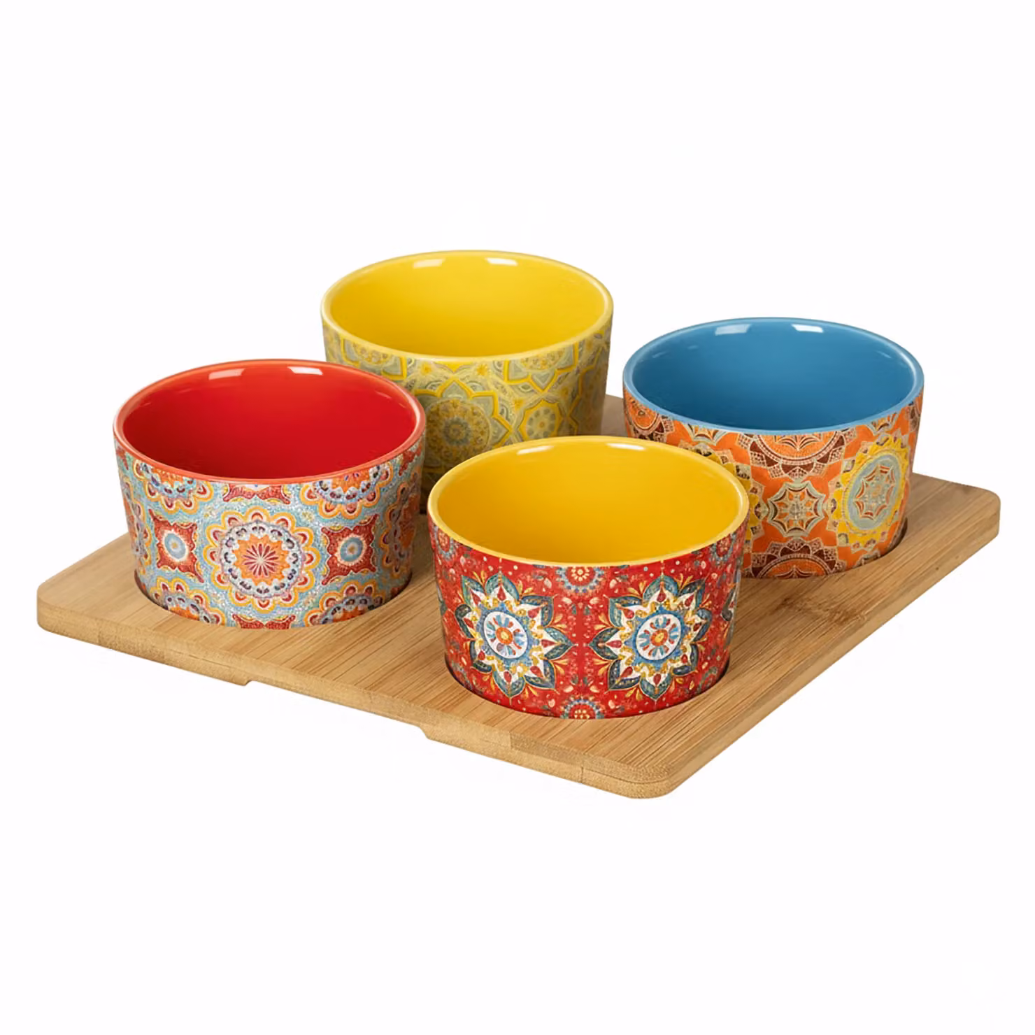 GUSTO CASA Set Antipastiere Linea Mandala in Stoneware con Vassoio in Bamboo, 5 Pezzi, Multicolore – 1