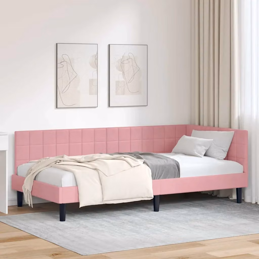 Letto singolo moderno in velluto rosa con struttura imbottita in legno, L/P/H: 200 x 100 x 72 cm – 2
