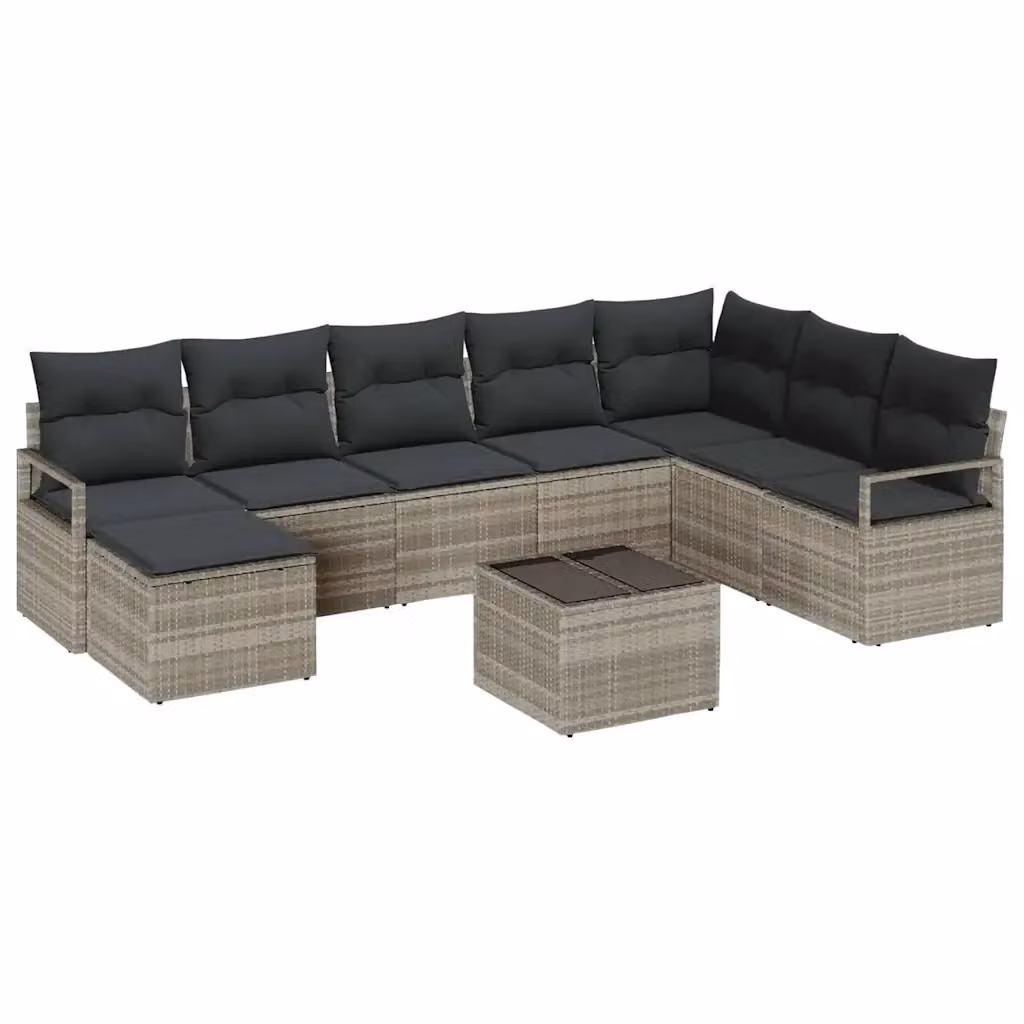 Set di divani da giardino vidaXL a forma di U in polyrattan grigio chiaro con cuscini e tavolino da esterno – 2