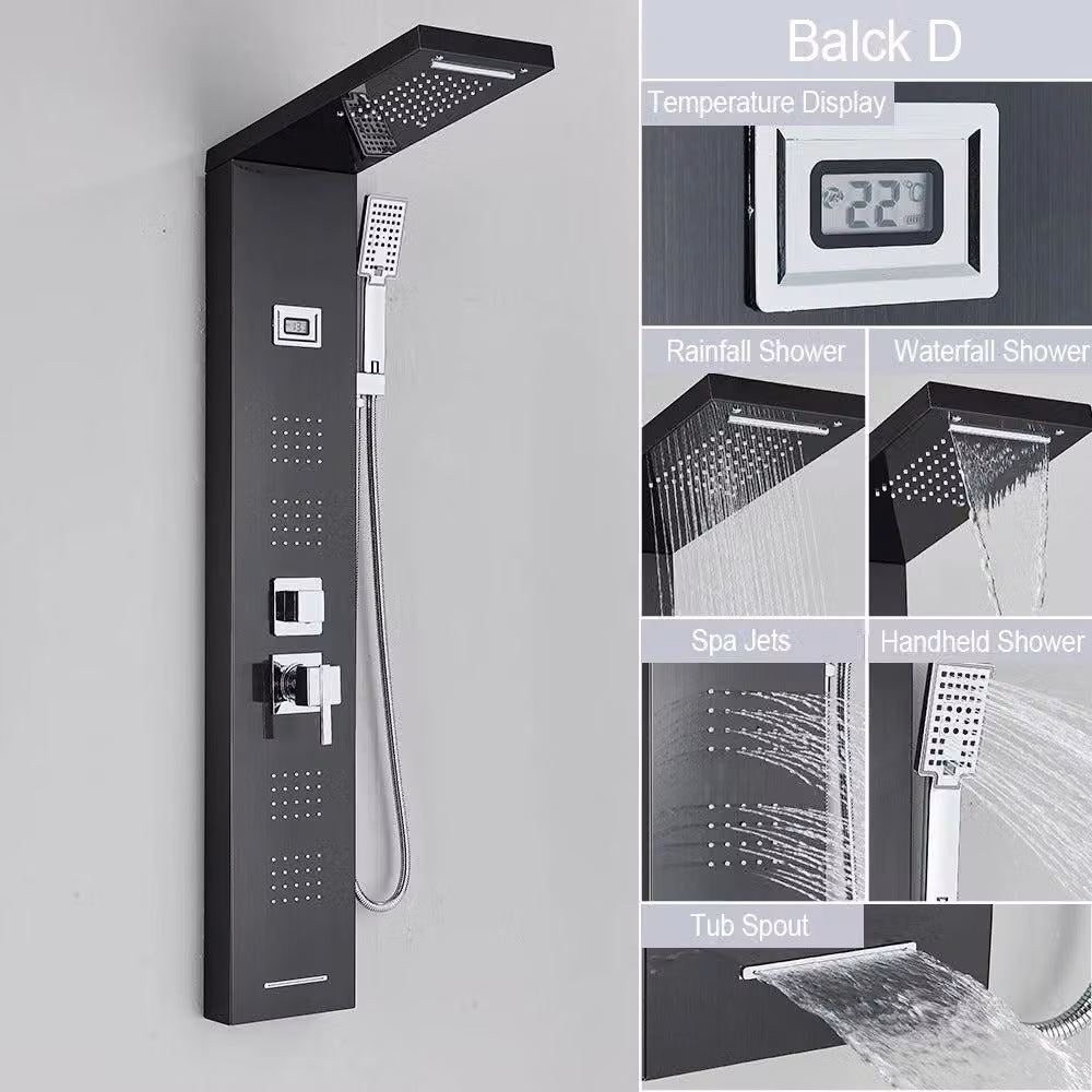 Pannello doccia - Colonna doccia nera - Miscelatore con getto a cascata e soffione a pioggia - Display LED - Getto massaggio e indicatore di temperatura