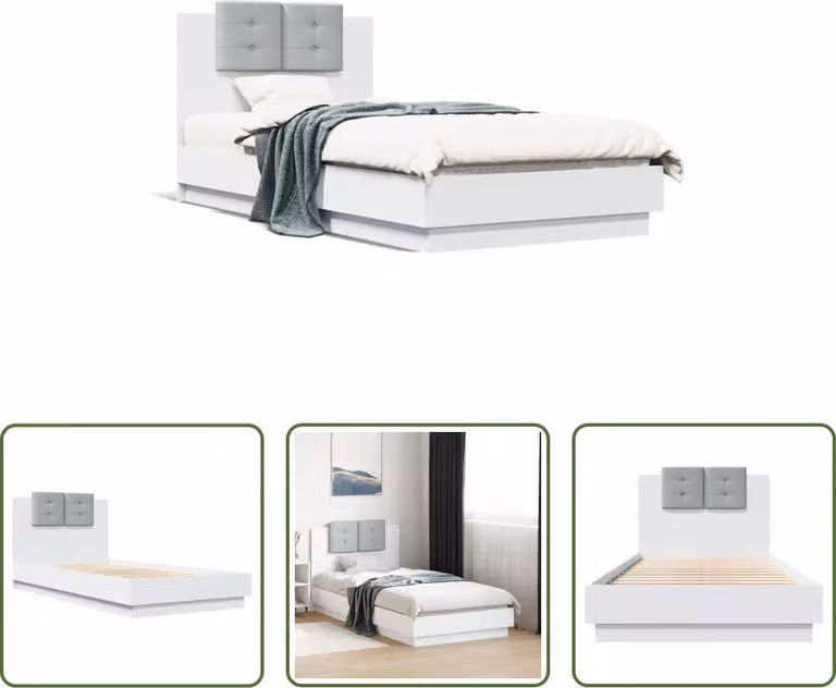 The Living Store Giroletto con testiera bianco 90x190 cm in materiale ligneo