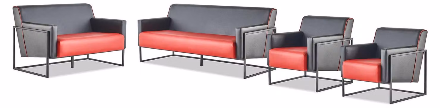 Komplett-Set 3-Sitzer Sessel Schwarz Rot Sofa-Set Leder Edelstahl Holz