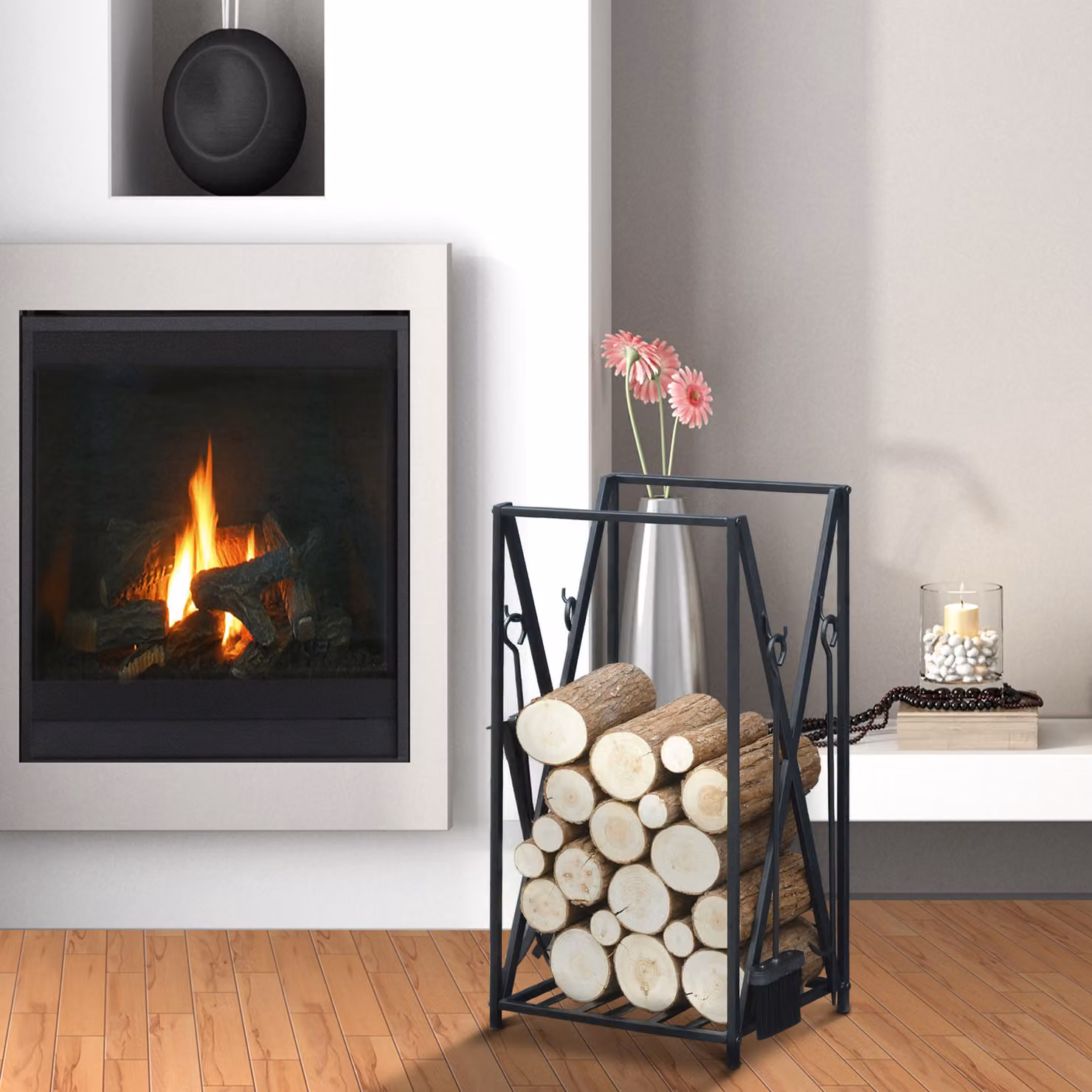 Portalegna per Camino in Acciaio HOMCOM per Interno ed Esterno con Attizzatoio, Paletta, Scopino e Pinza, Nero, L 46 cm x P 30 cm x H 76 cm – 2